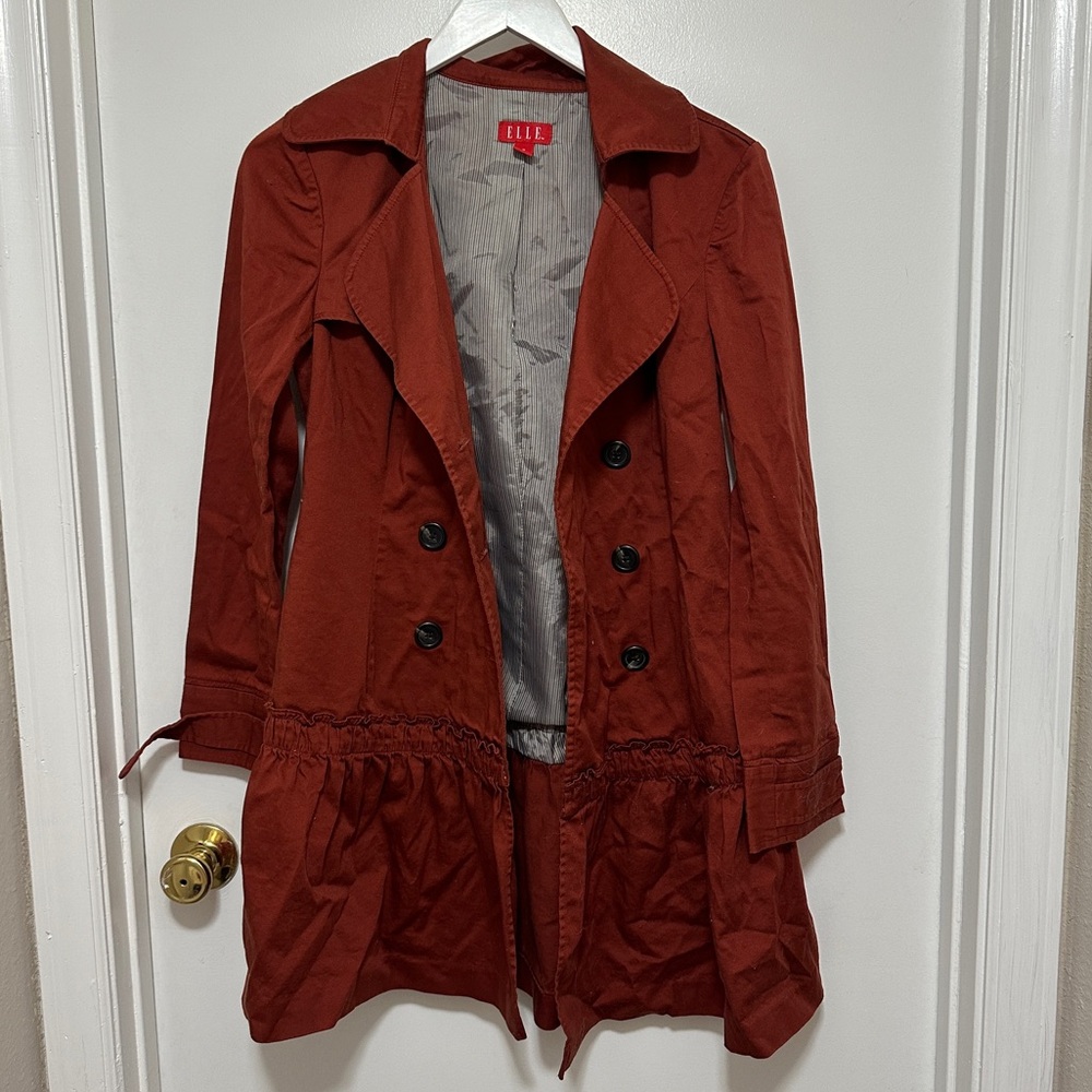 Elle Burnt Orange Women’s Trench Peacoat Ruffle Button Jacket Size Small